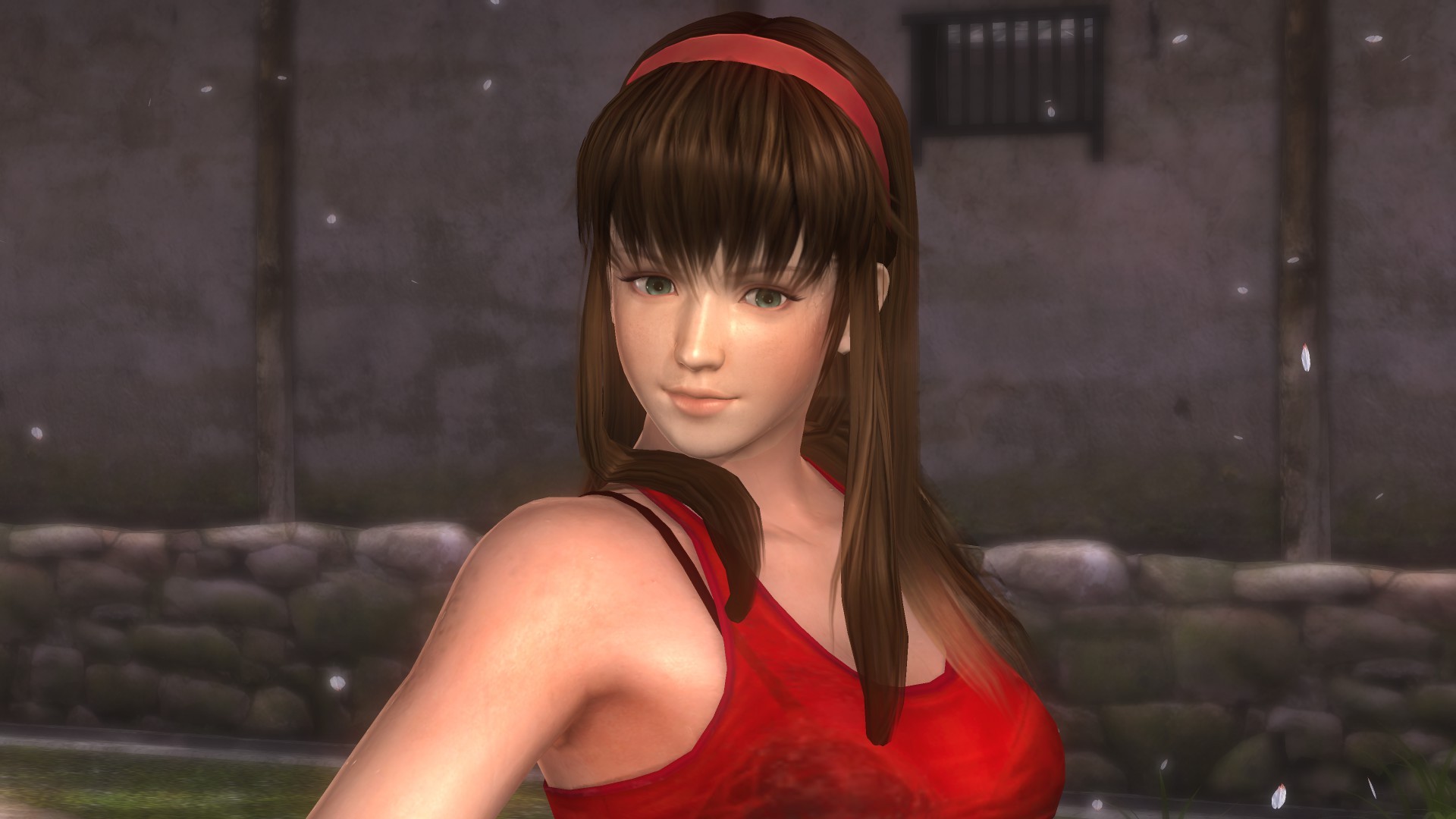 Hitomi with black jeans, red shirt, new eye color and a more vibrant hair c...