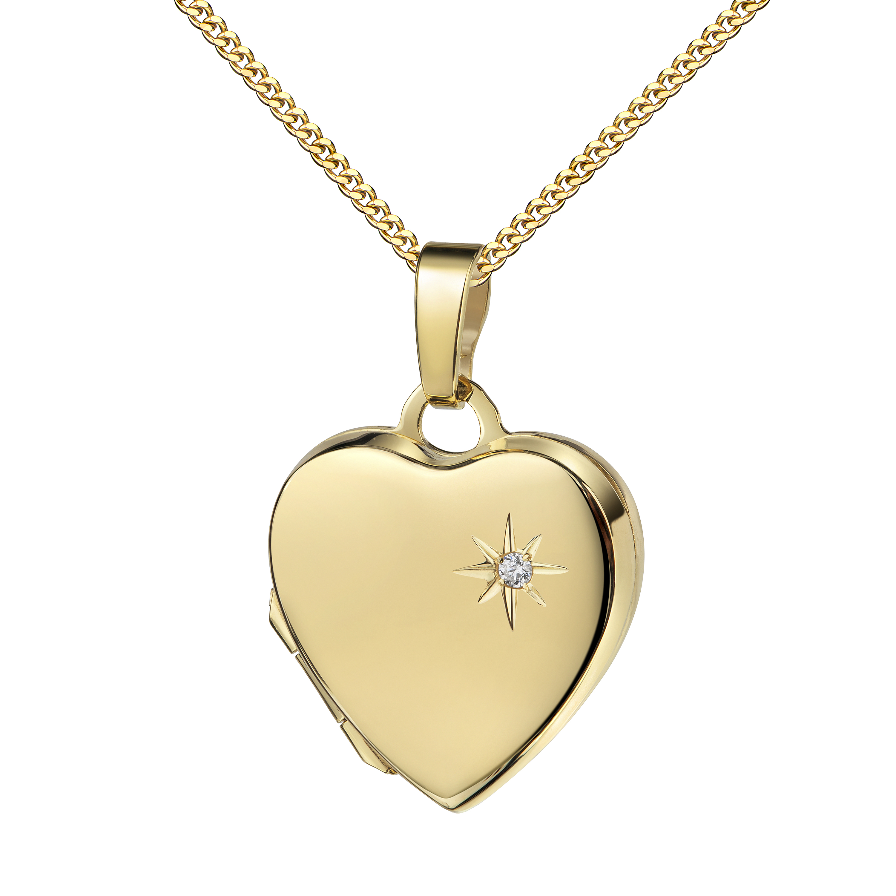 Medaillon Herz 14 Karat 585 Gold mit Brillant, Herz-Amulett für 2 Bilder Herzkette und Schmuck-Etui