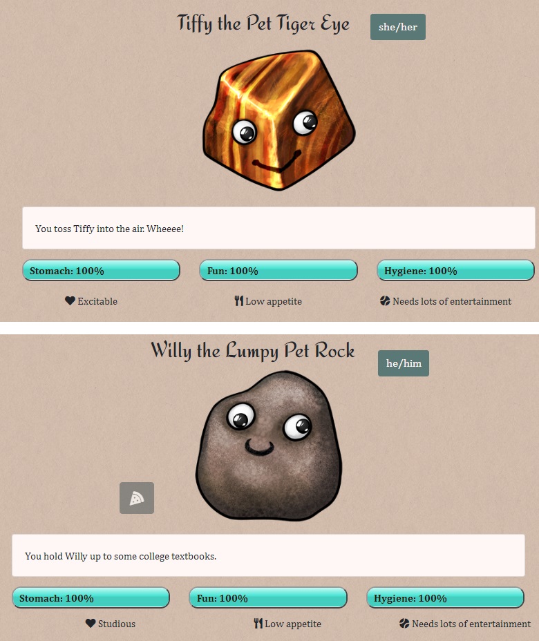 screenshots of my happy pet rocks with smiles and googley eyes named Tiffy and Willy cropped on a picture together with their peronsal stats