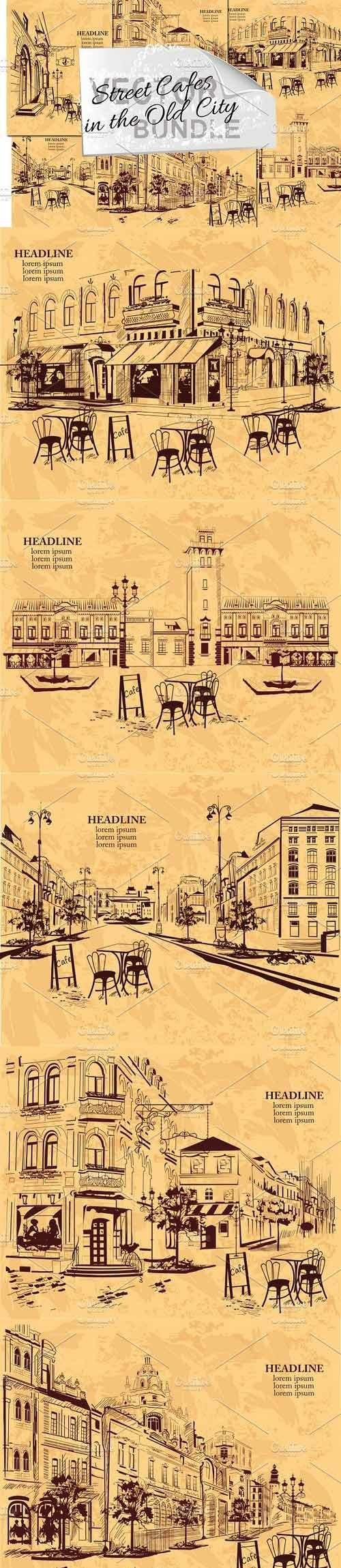 Set of Old City Street Sketches-Vector